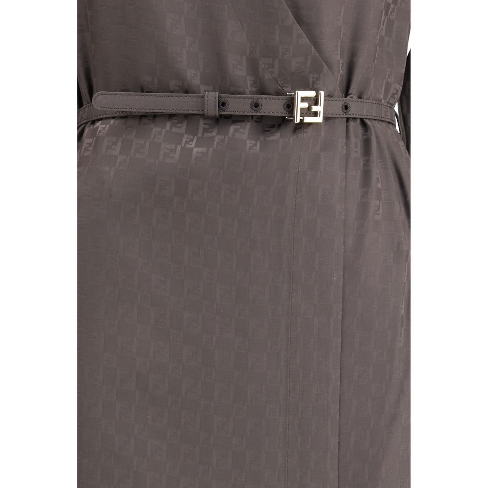 Brown Silk Casual DressFendi’s FF silk jacquard Dress is a masterpiece of sophisticated elegance and iconic details. Made of jacquard silk with the famous dark brown FF check pattern, it features a shirt-style collar and cuffs that lend structure to the f