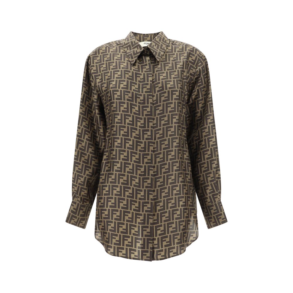 Brown Silk Pattern ShirtSilk Twill Shirt by Fendi, a classic collar, a front closure via concealed buttons, an all-over repeated iconic brand logo, adjustable cuffs via buttons, and a regular fit. Season: AW25 Composition: 100% Silk MADE IN ITALYBrown Sil