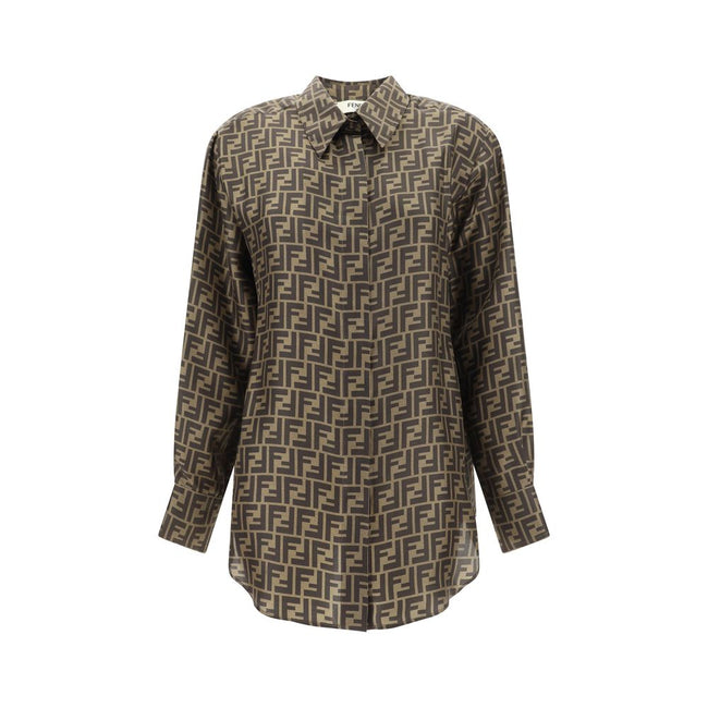 Brown Silk Pattern ShirtSilk Twill Shirt by Fendi, a classic collar, a front closure via concealed buttons, an all-over repeated iconic brand logo, adjustable cuffs via buttons, and a regular fit. Season: AW25 Composition: 100% Silk MADE IN ITALYBrown Sil
