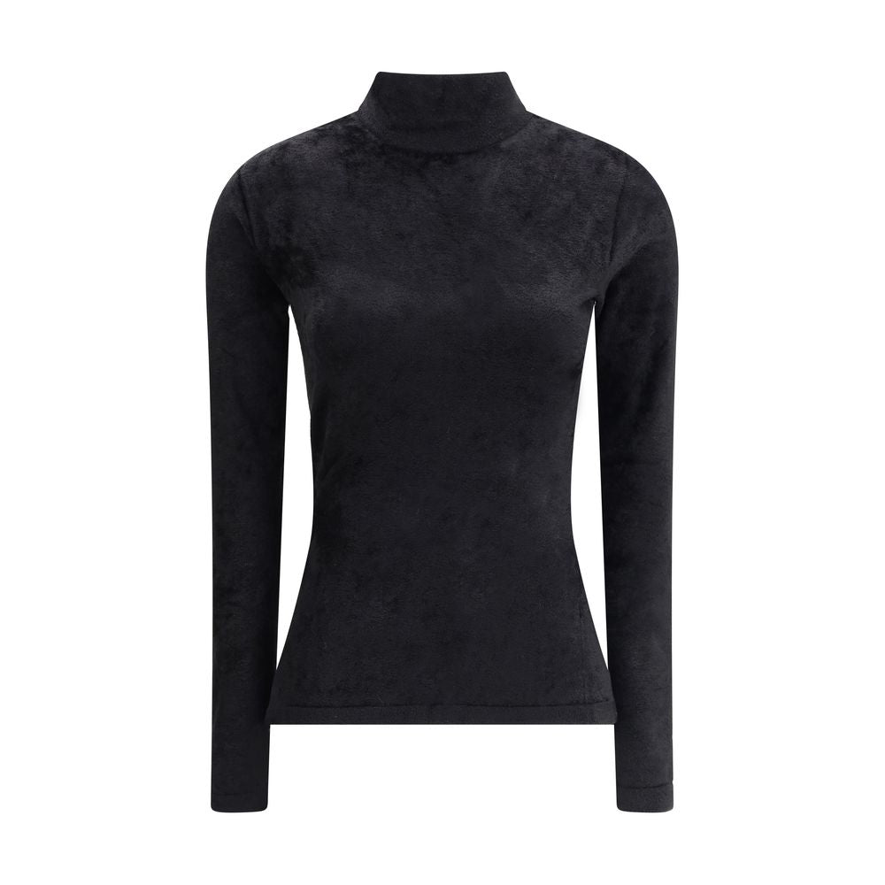 Black Viscose ShirtVersace’s chenille Top combines comfort and sensuality in a design with a bold flair. Featuring long sleeves and a half neck, it is made of a soft chenille that elegantly envelops the silhouette. On the back, a small Medusa studs sign t