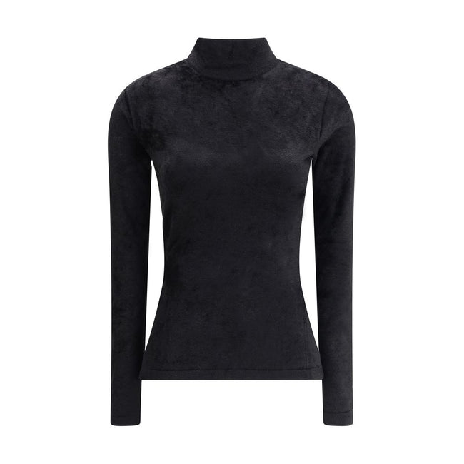 Black Viscose ShirtVersace’s chenille Top combines comfort and sensuality in a design with a bold flair. Featuring long sleeves and a half neck, it is made of a soft chenille that elegantly envelops the silhouette. On the back, a small Medusa studs sign t