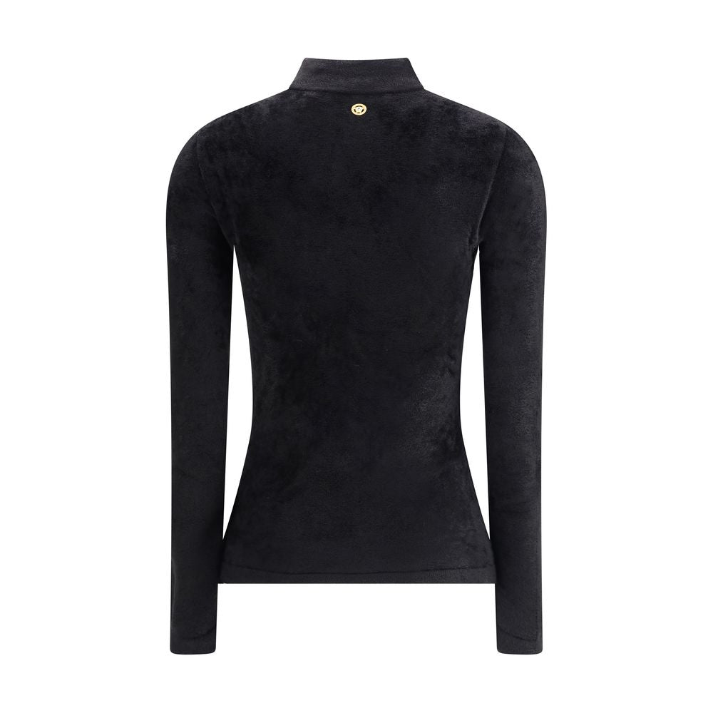 Black Viscose ShirtVersace’s chenille Top combines comfort and sensuality in a design with a bold flair. Featuring long sleeves and a half neck, it is made of a soft chenille that elegantly envelops the silhouette. On the back, a small Medusa studs sign t