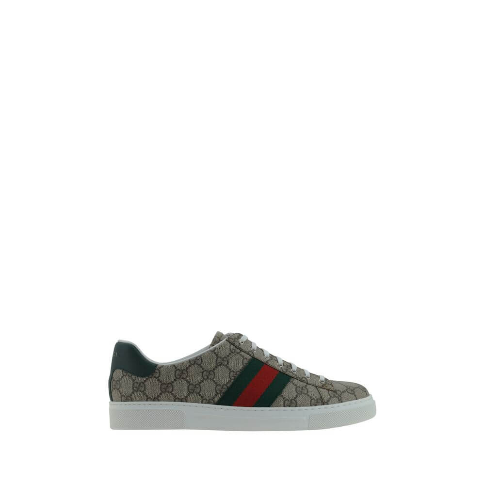 Beige Rubber Low Top SneakersSneakers by Gucci, lace-up front closure, round toe, contrasting platform sole, leather back logo detail, oblique bands on side panels, all-over repeated iconic GG jacquard fabric, iconic brand monogram pressure-stamped on fro