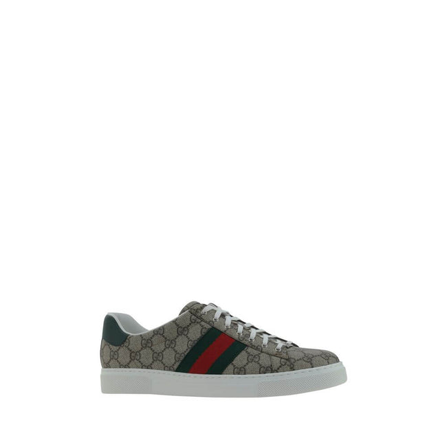 Beige Rubber Low Top SneakersSneakers by Gucci, lace-up front closure, round toe, contrasting platform sole, leather back logo detail, oblique bands on side panels, all-over repeated iconic GG jacquard fabric, iconic brand monogram pressure-stamped on fro