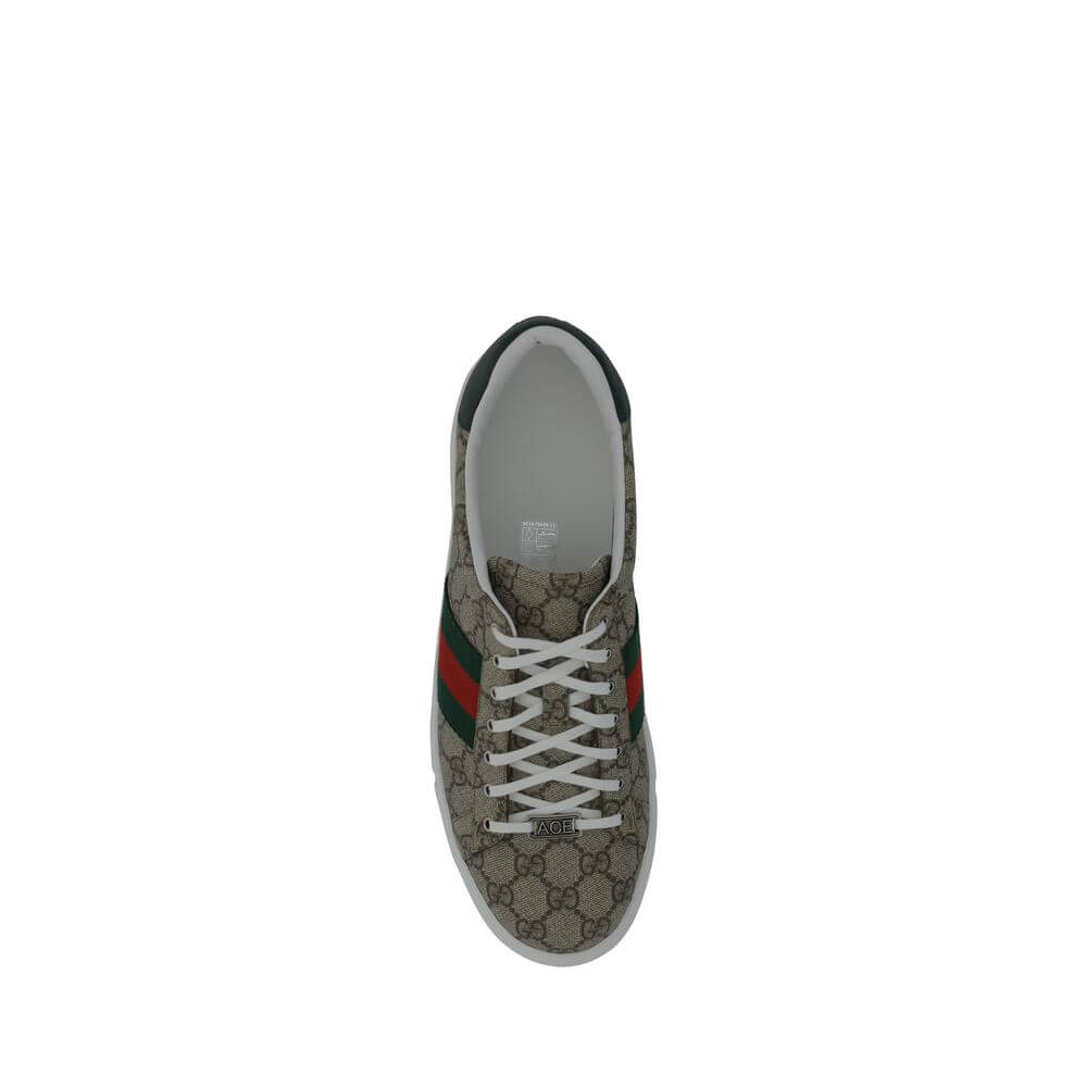 Beige Rubber Low Top SneakersSneakers by Gucci, lace-up front closure, round toe, contrasting platform sole, leather back logo detail, oblique bands on side panels, all-over repeated iconic GG jacquard fabric, iconic brand monogram pressure-stamped on fro