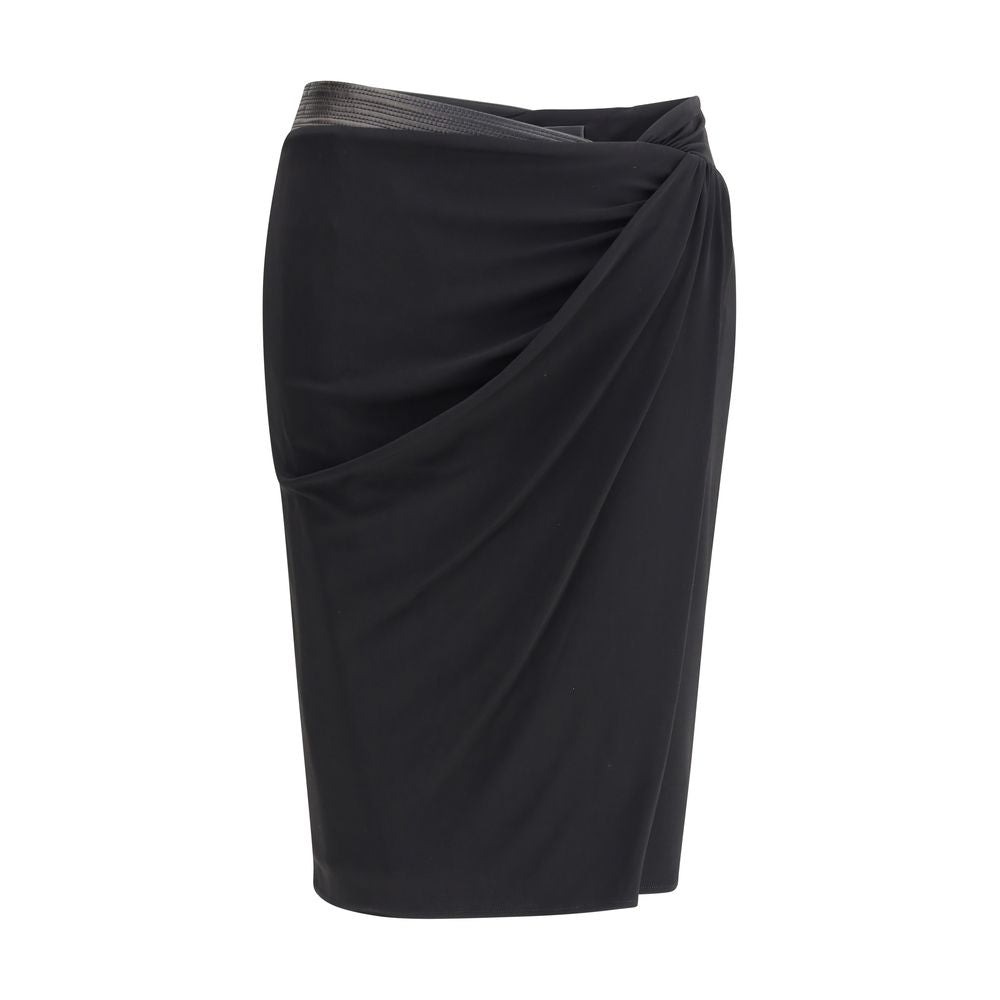 Black Viscose Midi SkirtVersace’s Draped jersey Skirt by Versace is a sophisticated, flowing piece featuring an elegant front drape that enhances the silhouette. The asymmetric hemline adds a modern and dynamic touch, making this skirt perfect for chic an