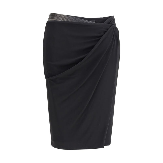 Black Viscose Midi SkirtVersace’s Draped jersey Skirt by Versace is a sophisticated, flowing piece featuring an elegant front drape that enhances the silhouette. The asymmetric hemline adds a modern and dynamic touch, making this skirt perfect for chic an