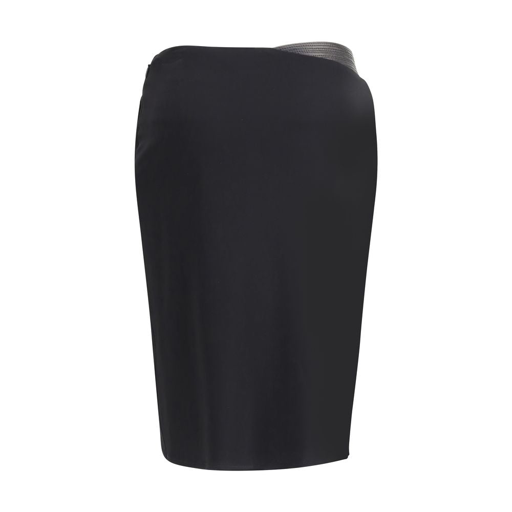Black Viscose Midi SkirtVersace’s Draped jersey Skirt by Versace is a sophisticated, flowing piece featuring an elegant front drape that enhances the silhouette. The asymmetric hemline adds a modern and dynamic touch, making this skirt perfect for chic an