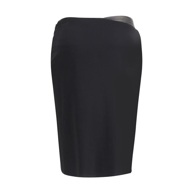 Black Viscose Midi SkirtVersace’s Draped jersey Skirt by Versace is a sophisticated, flowing piece featuring an elegant front drape that enhances the silhouette. The asymmetric hemline adds a modern and dynamic touch, making this skirt perfect for chic an