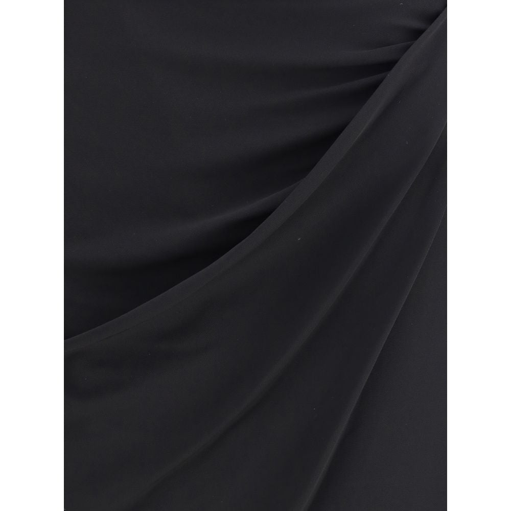 Black Viscose Midi SkirtVersace’s Draped jersey Skirt by Versace is a sophisticated, flowing piece featuring an elegant front drape that enhances the silhouette. The asymmetric hemline adds a modern and dynamic touch, making this skirt perfect for chic an