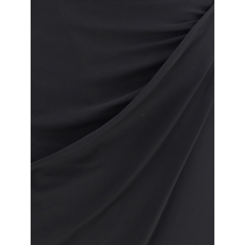 Black Viscose Midi SkirtVersace’s Draped jersey Skirt by Versace is a sophisticated, flowing piece featuring an elegant front drape that enhances the silhouette. The asymmetric hemline adds a modern and dynamic touch, making this skirt perfect for chic an
