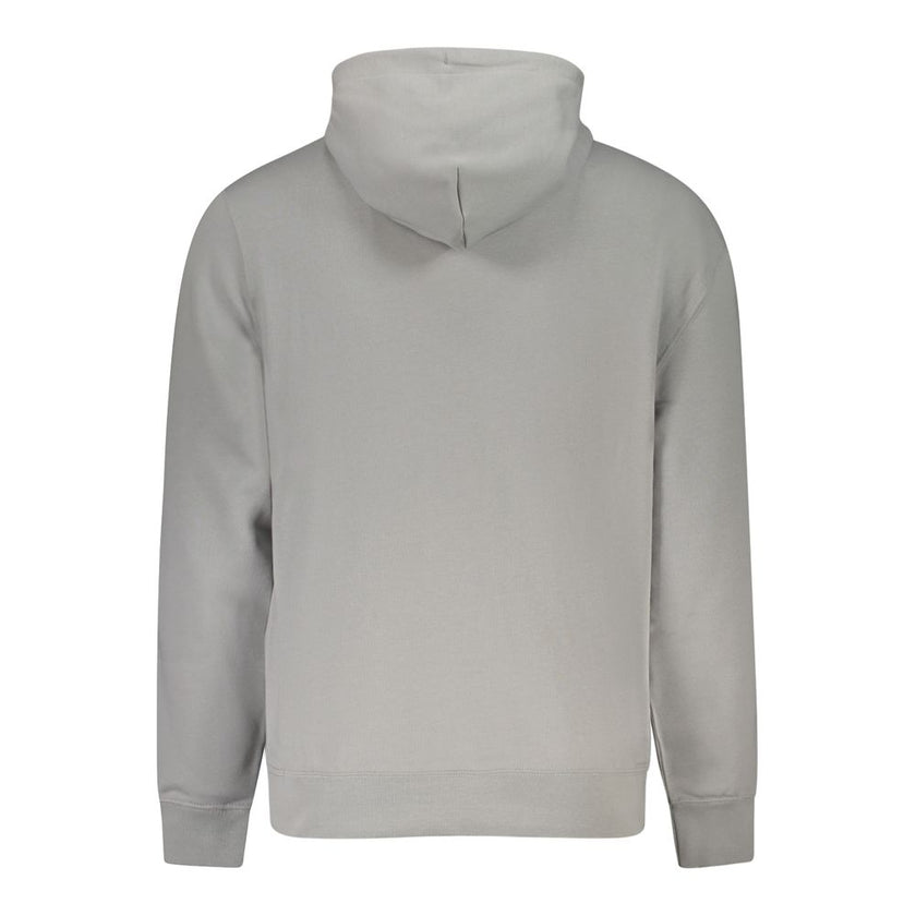 Gray Recycled Polyester Men SweaterElevate your casual wardrobe with the unmistakable style of Calvin Klein. This sleek, long-sleeved hooded sweatshirt, crafted from a cozy blend of cotton and recycled polyester, balances comfort with eco-conscious fashio