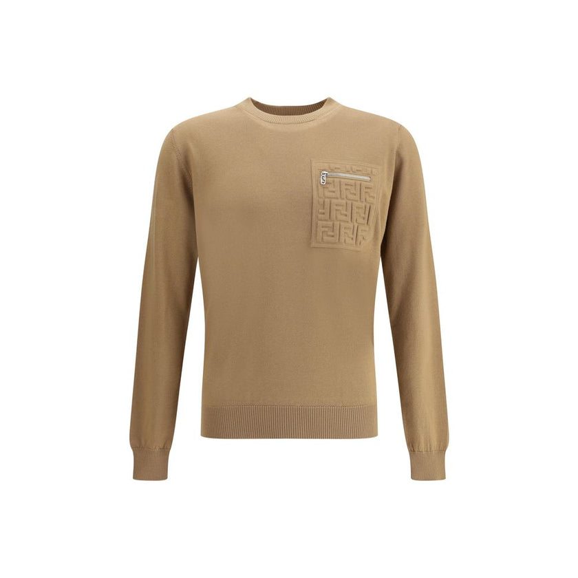 Beige Fleece Wool SweatshirtVirgin wool Sweater by Fendi features a ribbed crew neck, cuffs and hem for a comfortable and defined fit. The zippered slit pocket adds a practical and modern touch, while the iconic embossed FF logo gives the garment a distin