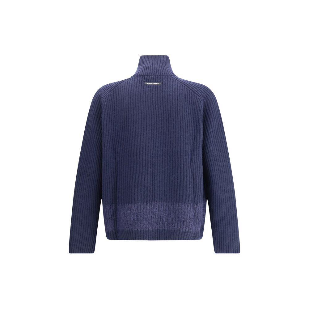 Blue Wool CardiganDsquared2’s zip Cardigan combines comfort and style with a sporty, refined design. Crafted in ribbed knit, it features a double-slider front zipper closure, high collar and two zipper pockets. The mohair band adds a distinctive, textured