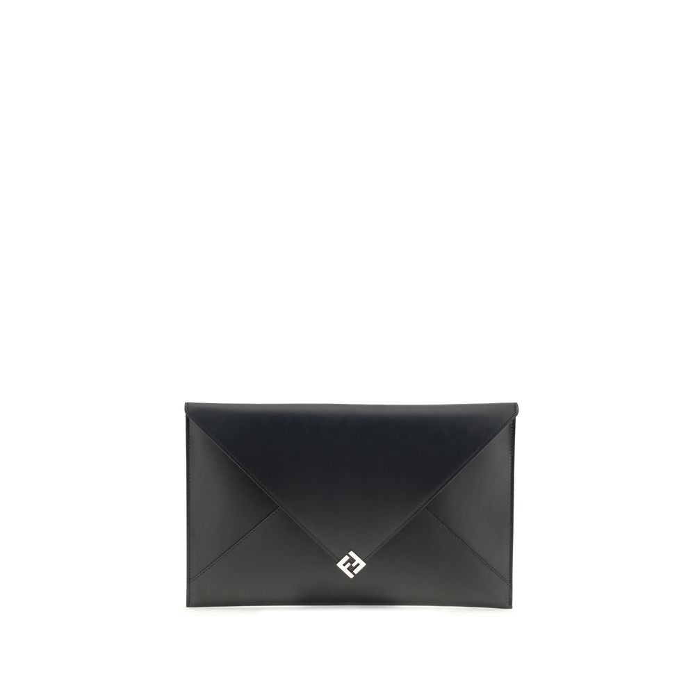 Black Leather Clutch BagFendi’s Large Squared FF Pouch is a stylish and functional pouch featuring a large format and a practical cuff handle for easy carrying. Made of high-quality black leather, it features a snap-button closure to ensure security and p