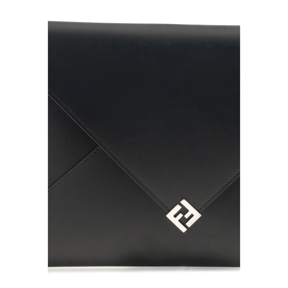 Black Leather Clutch BagFendi’s Large Squared FF Pouch is a stylish and functional pouch featuring a large format and a practical cuff handle for easy carrying. Made of high-quality black leather, it features a snap-button closure to ensure security and p