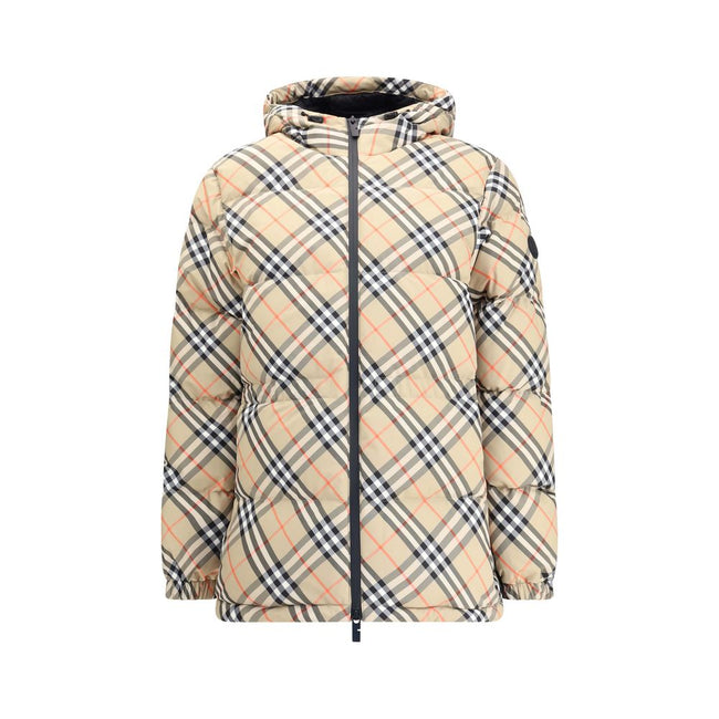 Beige Polyester Full-Length JacketBurberry’s hooded Check Down Jacket combines tradition and functionality in a bold design. Crafted in the iconic Burberry Check pattern, it features a regular fit with an adjustable hood and drawstring waist. Completing t