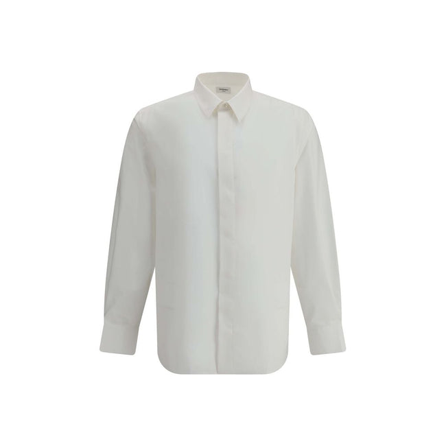 White Cotton Dress ShirtSaint Laurent’s cotton Shirt is a clean and elegant design. Made of cotton poplin, it features a classic collar, a front closure with concealed buttons for a minimal and neat effect, and a discreet but distinctive embroidered logo