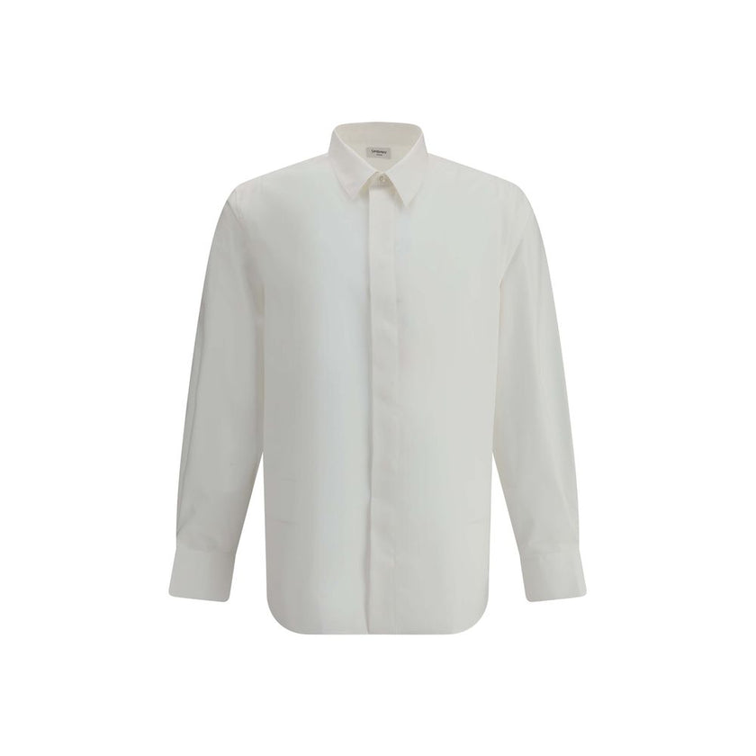 White Cotton Dress ShirtSaint Laurent’s cotton Shirt is a clean and elegant design. Made of cotton poplin, it features a classic collar, a front closure with concealed buttons for a minimal and neat effect, and a discreet but distinctive embroidered logo