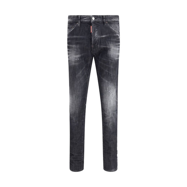 Black Cotton Slim Fit JeansDsquared2’s Cool Guy Jeans combine a slim fit and iconic details in a sharply tailored design. Featuring waist loops and a zip-and-button closure, they feature a classic five-pocket construction and are embellished with a logo l