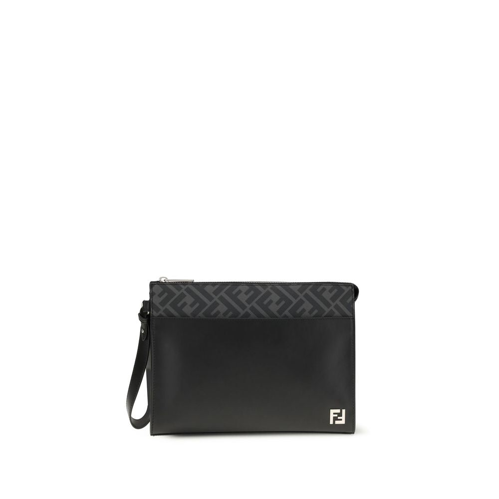 Black Leather Clutch BagFendi’s Pouch combines elegance and practicality with its fine workmanship in smooth leather and black FF canvas. Enriched by the application of the FF metal logo, it features a zipper closure and palladium-finish metal hardware. T