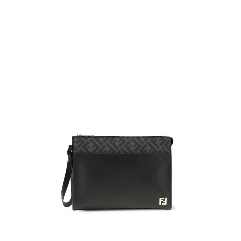 Black Leather Clutch BagFendi’s Pouch combines elegance and practicality with its fine workmanship in smooth leather and black FF canvas. Enriched by the application of the FF metal logo, it features a zipper closure and palladium-finish metal hardware. T