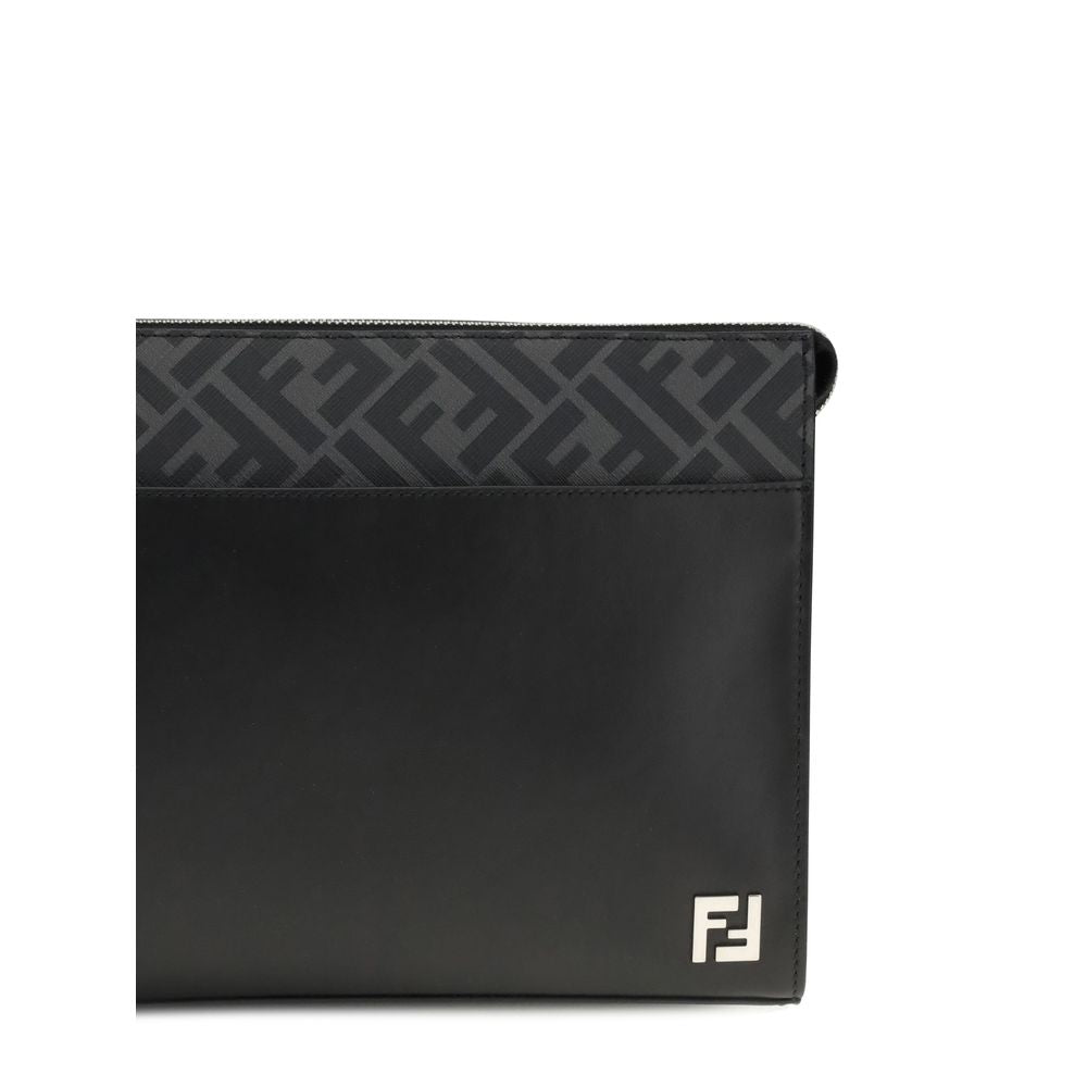 Black Leather Clutch BagFendi’s Pouch combines elegance and practicality with its fine workmanship in smooth leather and black FF canvas. Enriched by the application of the FF metal logo, it features a zipper closure and palladium-finish metal hardware. T