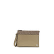 Beige Leather Clutch BagFendi’s Pouch combines elegance and practicality with its fine workmanship in smooth leather and black FF canvas. Enriched by the application of the FF metal logo, it features a zipper closure and palladium-finish metal hardware. T