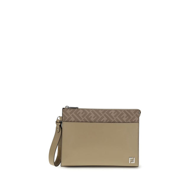 Beige Leather Clutch BagFendi’s Pouch combines elegance and practicality with its fine workmanship in smooth leather and black FF canvas. Enriched by the application of the FF metal logo, it features a zipper closure and palladium-finish metal hardware. T