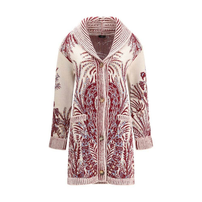 Multicolor Wool CardiganEtro’s maxi Cardigan expresses all the brand’s charm through a refined Paisley floral jacquard pattern. Crafted from a soft wool and cotton blend, it features an over fit, shawl lapels, two large patch pockets and ribbed trim for a