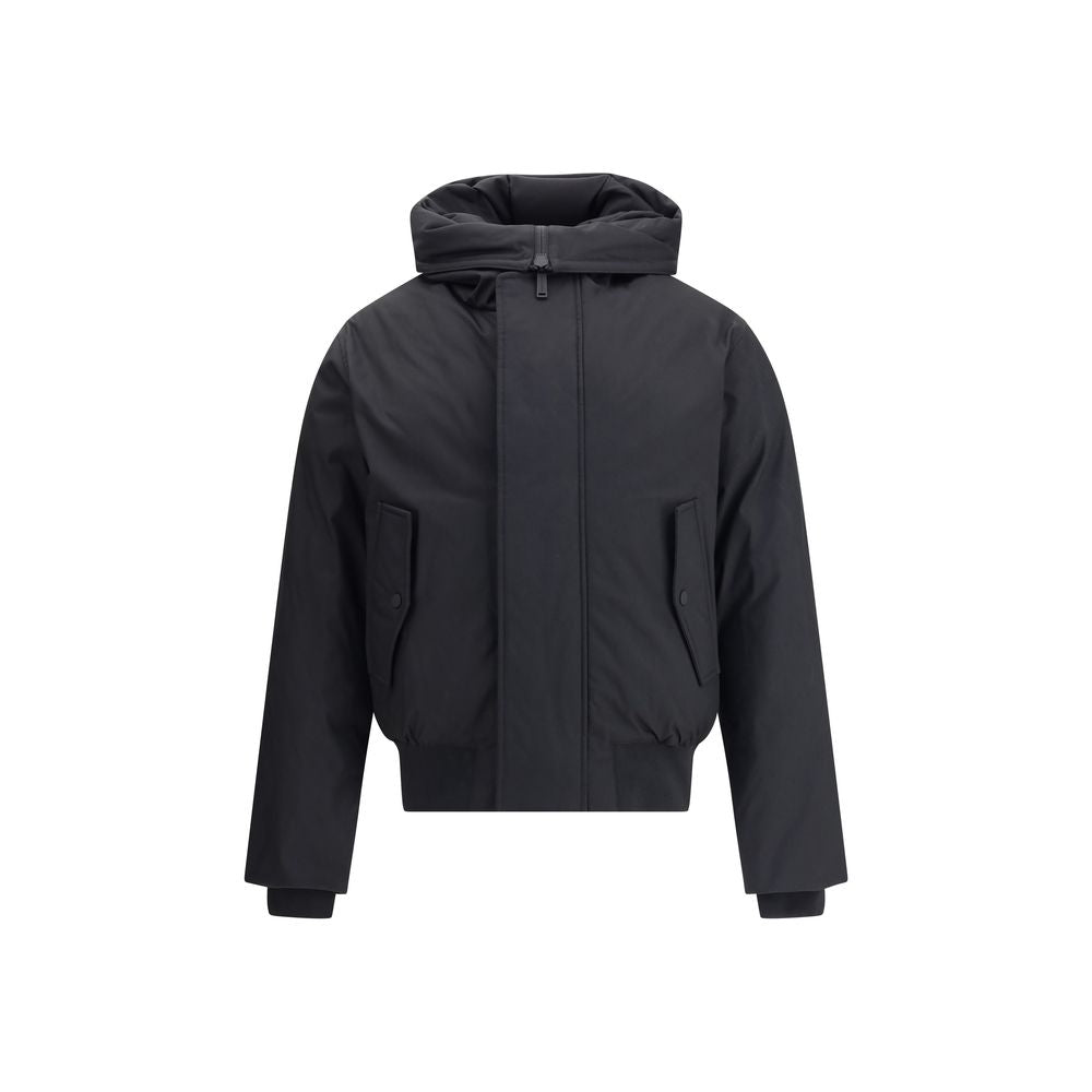 Black Polyester BomberThe Sport short Down Jacket by Dsquared2 is a padded garment with a functional and urban design. Featuring a hood and concealed front zipper and button closure, it has a ribbed elastic hem and cuffs for a comfortable fit. Two front w