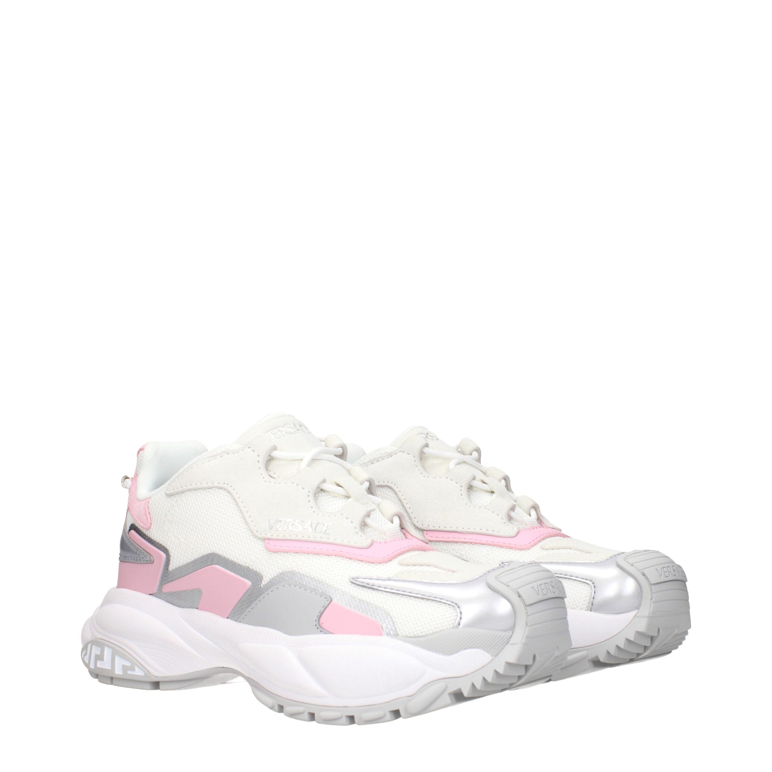 White Fabric Chunky SneakersDescription: The product with MPN 10163181A140226WF60 and code F84167 fabric in white is a sneakers designed by Versace. It has features like front logo, side logo, back logo. Additional Info: Color details: Silver Style: Casua