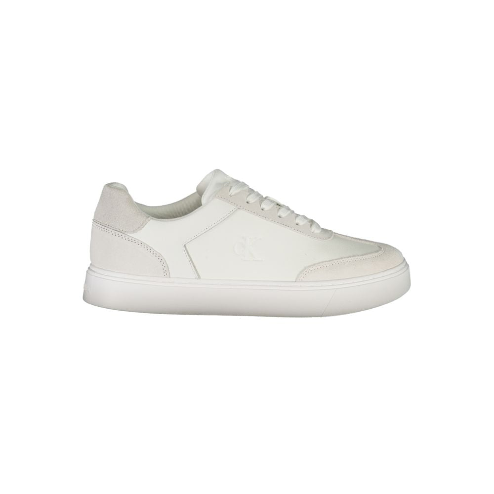 White Leather Men SneakerStep into the epitome of sporty sophistication with these exquisite Calvin Klein sneakers. Infused with dynamic energy, these shoes are designed to elevate your casual ensemble. Featuring a crisp white palette accented with bold c