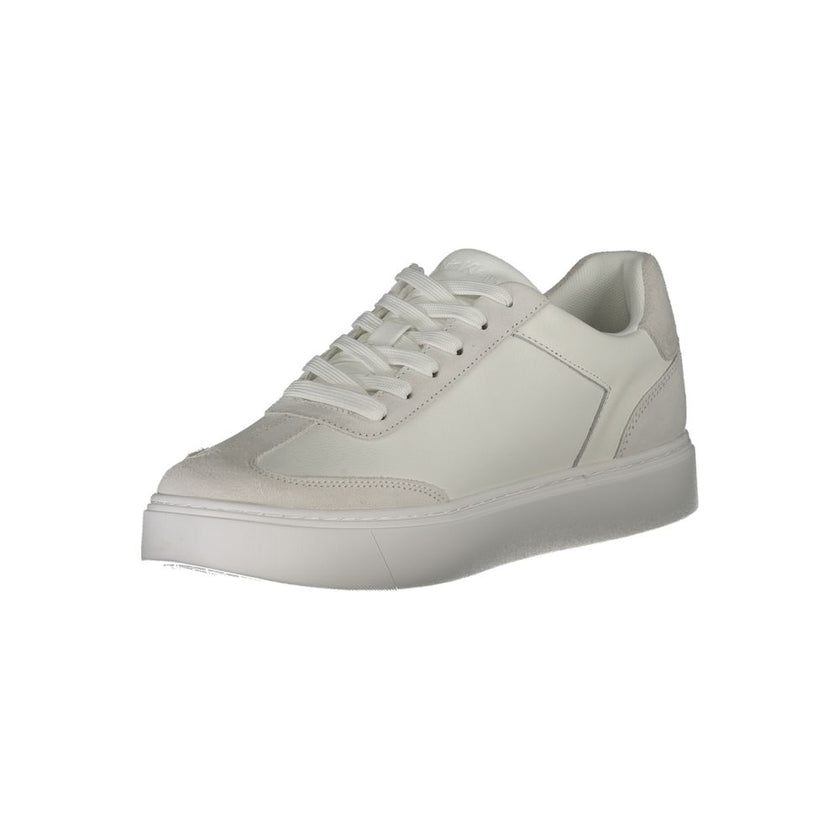 White Leather Men SneakerStep into the epitome of sporty sophistication with these exquisite Calvin Klein sneakers. Infused with dynamic energy, these shoes are designed to elevate your casual ensemble. Featuring a crisp white palette accented with bold c