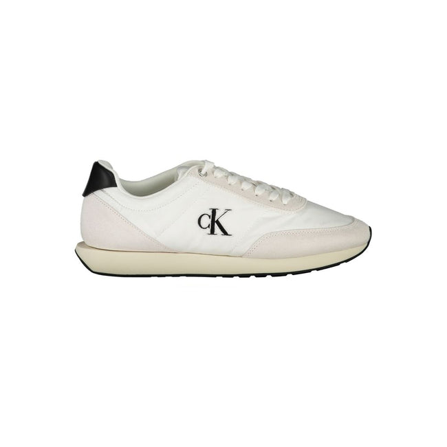 White Polyester Men SneakerDare to make a bold statement with the sleek Calvin Klein sneakers that redefine contemporary sportiness. Crafted with sophistication in mind, these kicks boast contrasting black accents and a notable logo embroidery that ensure
