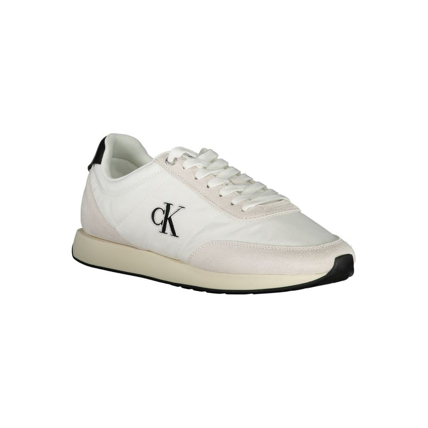 White Polyester Men SneakerDare to make a bold statement with the sleek Calvin Klein sneakers that redefine contemporary sportiness. Crafted with sophistication in mind, these kicks boast contrasting black accents and a notable logo embroidery that ensure