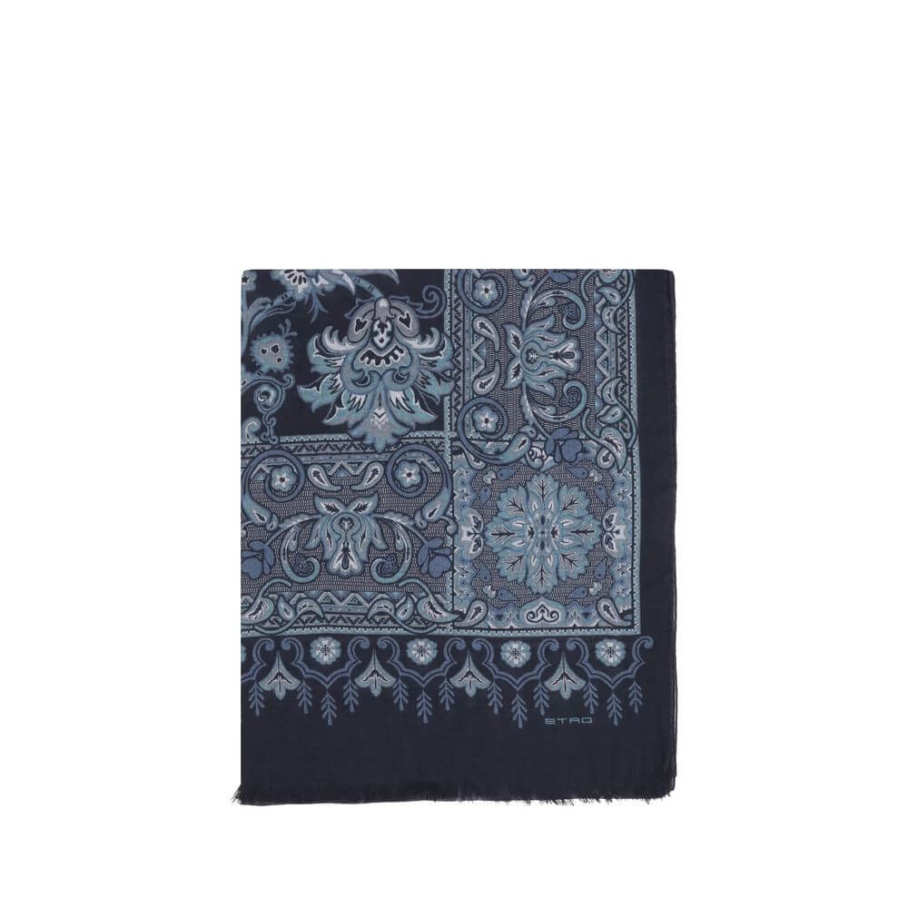 Blue Modal ScarfThe Scarf by Etro is made of jacquard cotton blend is embellished with a refined floral and geometric pattern. Short frayed edges and an embroidered Etro logo on the corner complete the accessory with a distinctive touch. Season: AW25 Dime