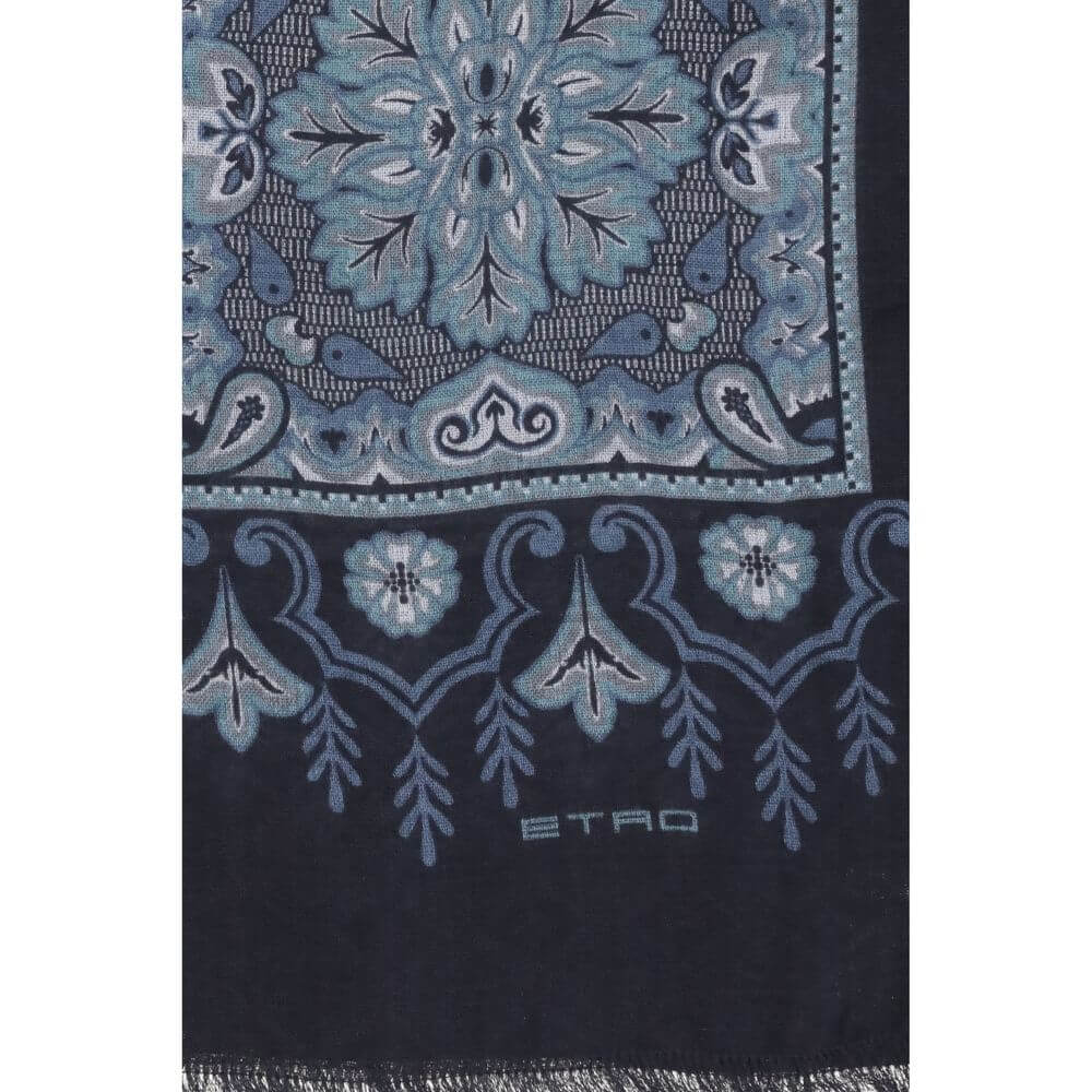 Blue Modal ScarfThe Scarf by Etro is made of jacquard cotton blend is embellished with a refined floral and geometric pattern. Short frayed edges and an embroidered Etro logo on the corner complete the accessory with a distinctive touch. Season: AW25 Dime