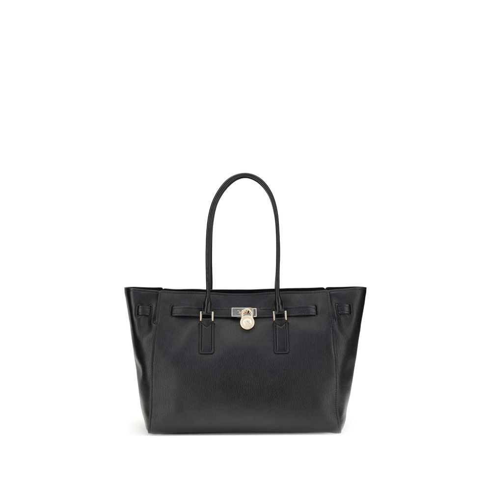 Black Calf Leather Bos Taurus Shoulder BagThe Hamilton Moderne large Tote Bag by Michael Kors is a roomy, structured model designed to combine functionality and elegance. The silhouette with decorative belt and iconic padlock pendant define its sophistica