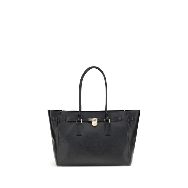 Black Calf Leather Bos Taurus Shoulder BagThe Hamilton Moderne large Tote Bag by Michael Kors is a roomy, structured model designed to combine functionality and elegance. The silhouette with decorative belt and iconic padlock pendant define its sophistica