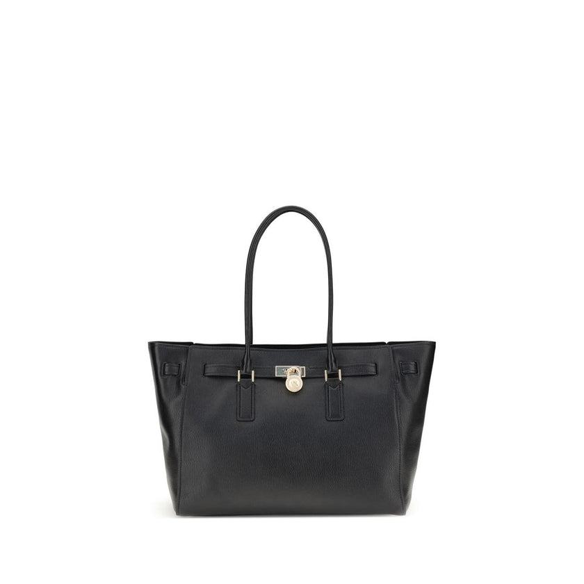 Black Calf Leather Bos Taurus Shoulder BagThe Hamilton Moderne large Tote Bag by Michael Kors is a roomy, structured model designed to combine functionality and elegance. The silhouette with decorative belt and iconic padlock pendant define its sophistica