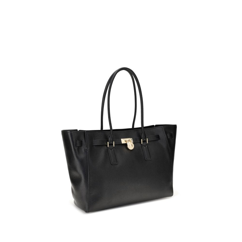 Black Calf Leather Bos Taurus Shoulder BagThe Hamilton Moderne large Tote Bag by Michael Kors is a roomy, structured model designed to combine functionality and elegance. The silhouette with decorative belt and iconic padlock pendant define its sophistica