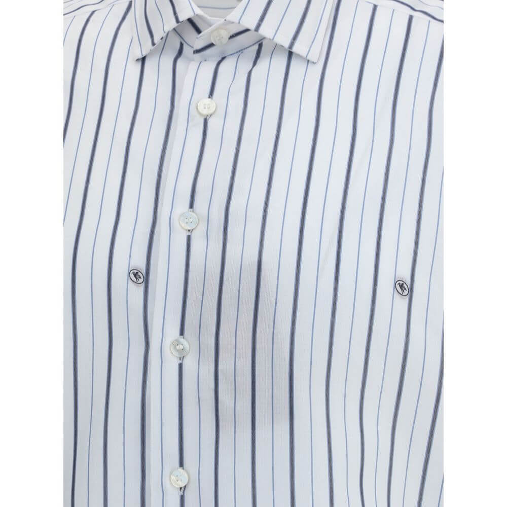 White Cotton Pattern ShirtEtro’s striped Shirt is made of jacquard cotton and features a striped pattern embellished with a micro Pegasus, the brand’s iconic symbol. With a regular fit, it features a pointed collar, button closure and double-button cuffs,