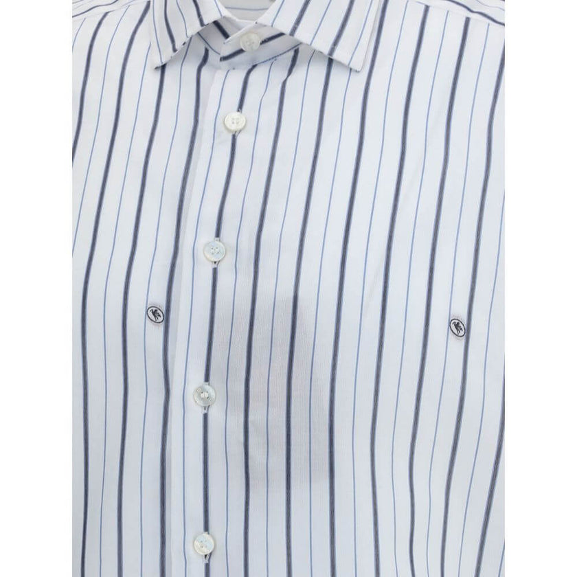 White Cotton Pattern ShirtEtro’s striped Shirt is made of jacquard cotton and features a striped pattern embellished with a micro Pegasus, the brand’s iconic symbol. With a regular fit, it features a pointed collar, button closure and double-button cuffs,