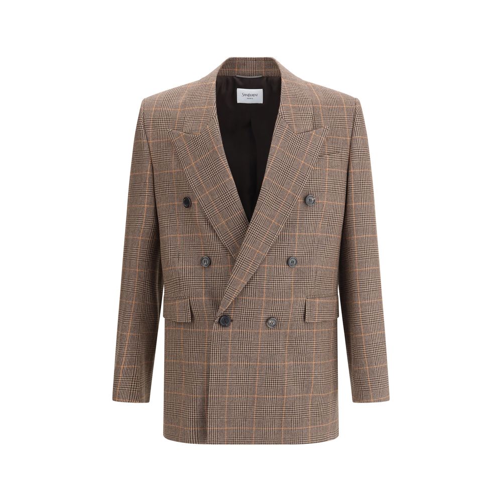 Beige Wool BlazerThe Prince de Galles wool Blazer by Saint Laurent is a garment with classic tailored appeal. It features a double-breasted silhouette with a six-button closure, enhanced by padded shoulders that add structure. At the front, two welt flap