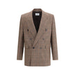 Beige Wool BlazerThe Prince de Galles wool Blazer by Saint Laurent is a garment with classic tailored appeal. It features a double-breasted silhouette with a six-button closure, enhanced by padded shoulders that add structure. At the front, two welt flap