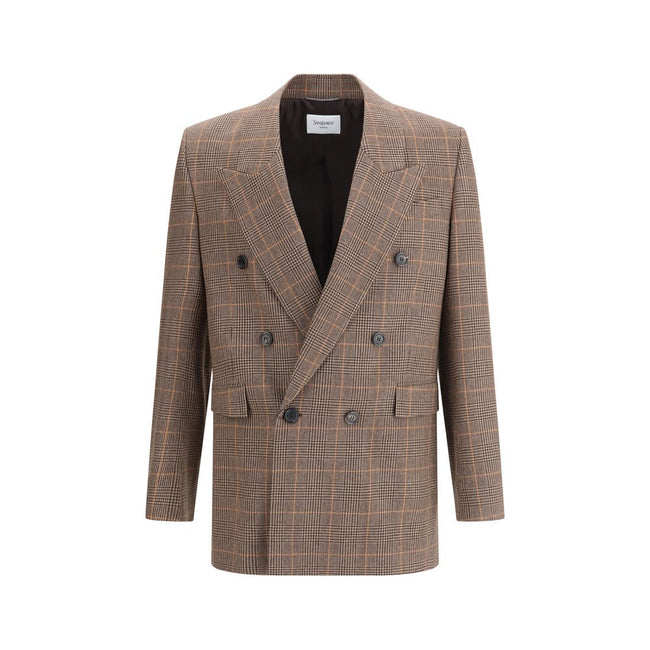 Beige Wool BlazerThe Prince de Galles wool Blazer by Saint Laurent is a garment with classic tailored appeal. It features a double-breasted silhouette with a six-button closure, enhanced by padded shoulders that add structure. At the front, two welt flap