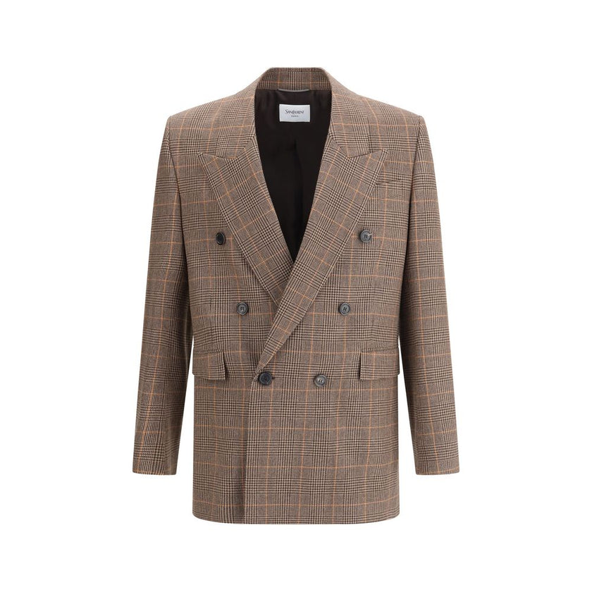 Beige Wool BlazerThe Prince de Galles wool Blazer by Saint Laurent is a garment with classic tailored appeal. It features a double-breasted silhouette with a six-button closure, enhanced by padded shoulders that add structure. At the front, two welt flap