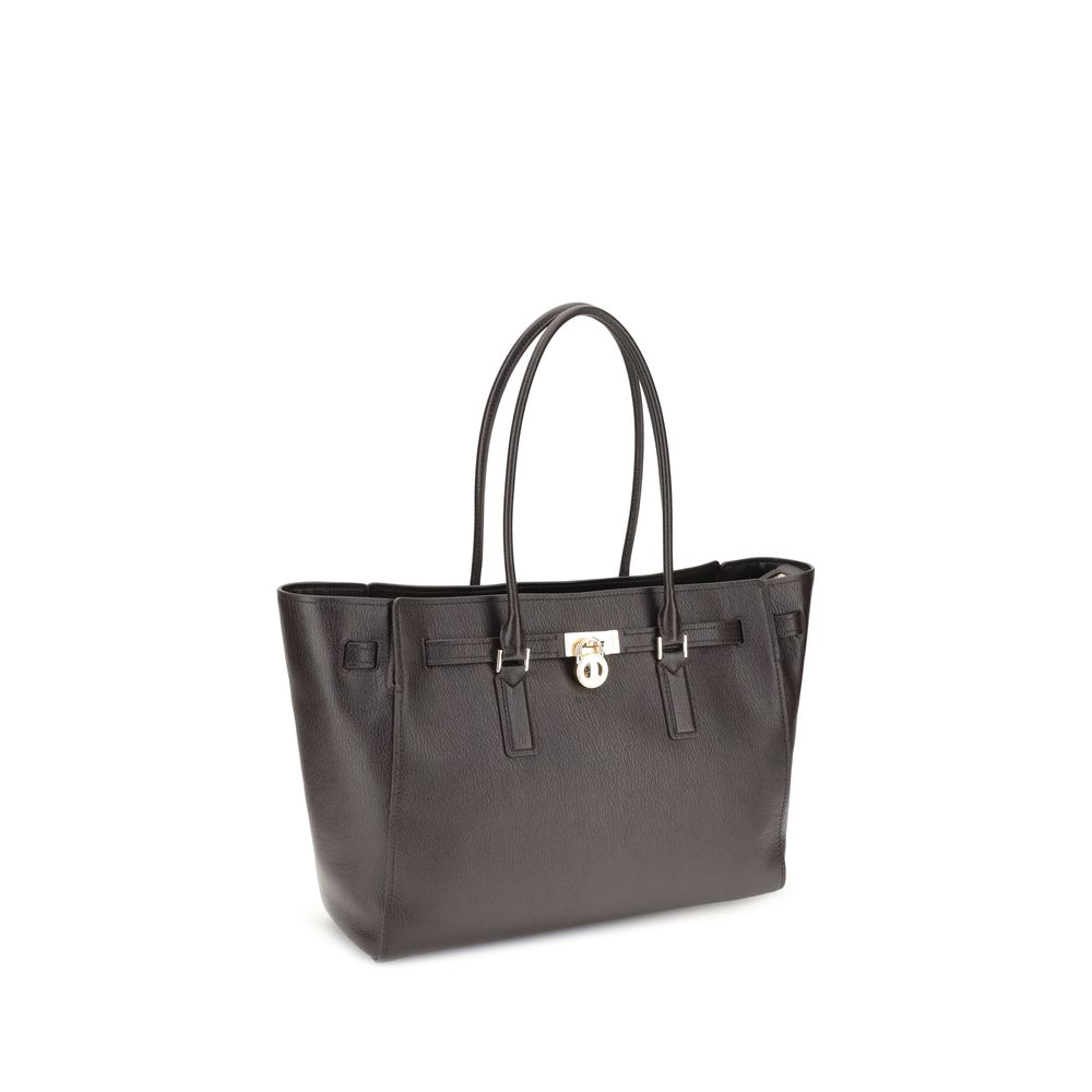 Brown Calf Leather Bos Taurus Shoulder BagThe Hamilton Moderne large Tote Bag by Michael Kors is a roomy, structured model designed to combine functionality and elegance. The silhouette with decorative belt and iconic padlock pendant define its sophistica