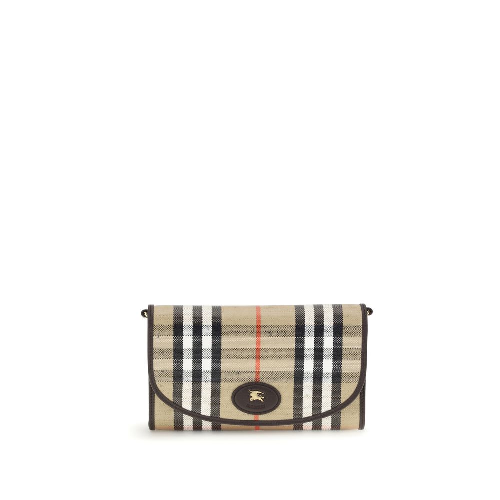 Beige Cotton Clutch BagThe Highlands Wallet by Burberry is a stylish and practical accessory, crafted in a refined cotton-linen blend with the iconic jacquard Check pattern and coated finish. Calfskin leather trim adds a fine touch, while the chain and le